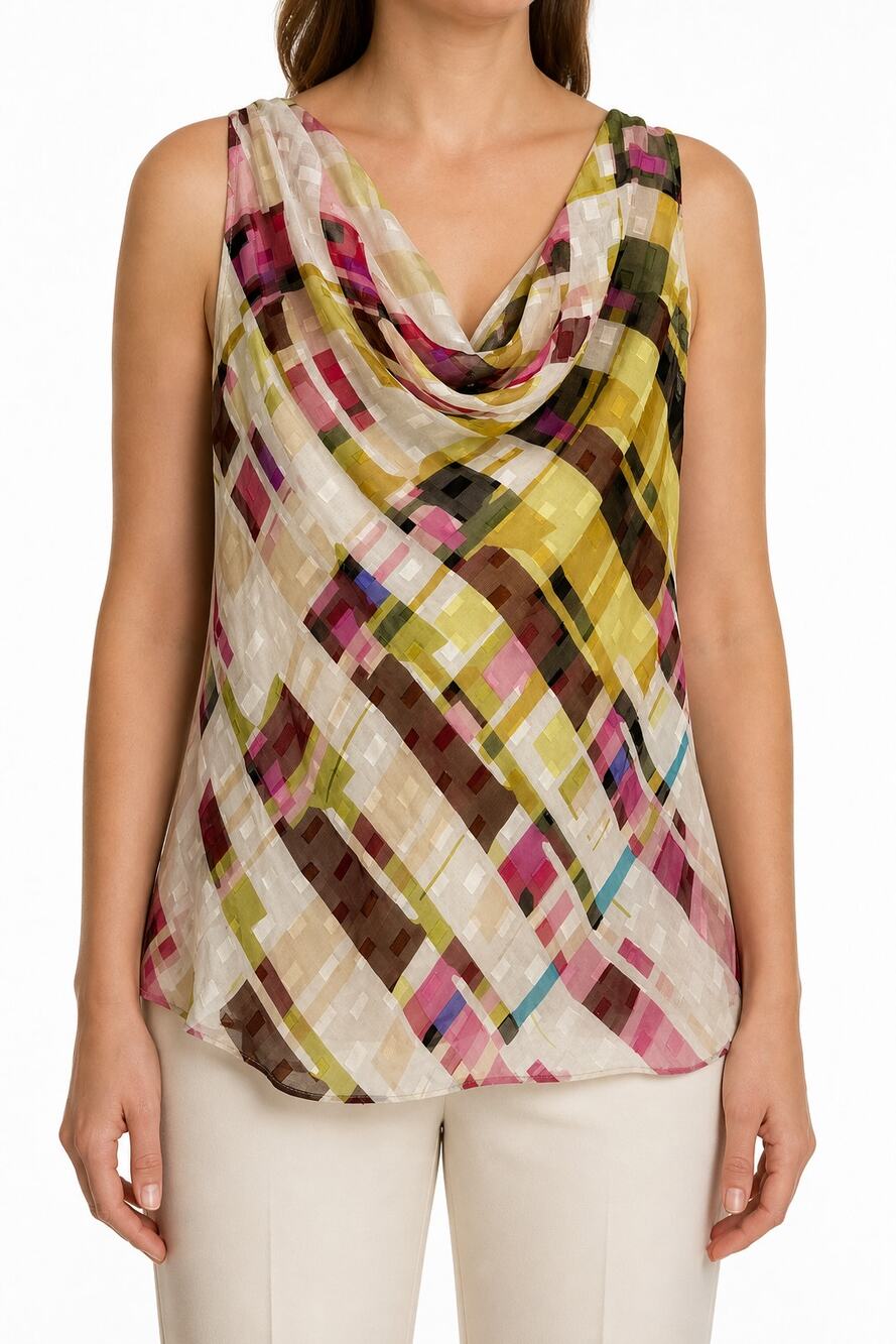 St. John Couture Silk Abstract Print Cowl Neck Sleeveless Blouse 10 Quiet Luxury